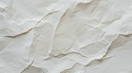 Poster - Close-up of crumpled white paper texture with wrinkles and folds, perfect for background, design, or texture layering in artistic projects and creative works.