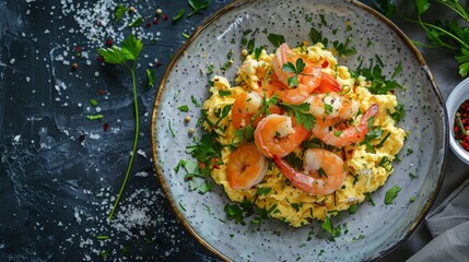 Wall Mural - Scrambled eggs with prawns, food photograph, 16:9