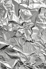 Wall Mural - Close-up of crumpled shiny aluminum foil creating abstract textured silver background, highlighting metallic light reflections and contours.