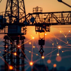 Wall Mural - construction crane silhouette with network connection lights at sunset