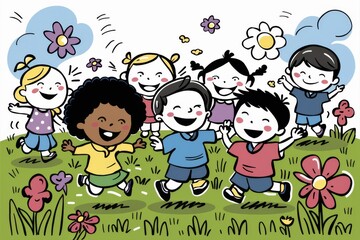 Wall Mural - A group of children are playing in a field with flowers, AI