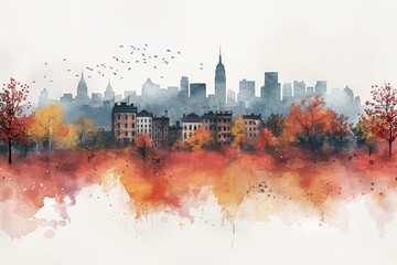 Abstract and impressionistic cityscape painting featuring fall colors and the silhouette of a city