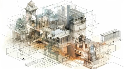 Wall Mural - A geometric diagram showing the internal structures of historical buildings, with many transparent layers, in the style of luminous landscapes, white background, isometric, architectural vistas with c