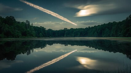 Wall Mural - A calm lake, with the reflection of a meteorite streaking across the sky. The meteorite's trail is visible in both the sky and the water