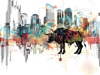 Poster - Dynamic Bull and Bear Market with Cityscape Backdrop