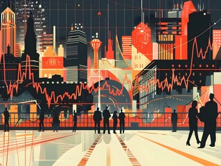 Poster - Futuristic Cityscape with Dynamic Financial Data Visualization