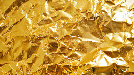 Poster - Close-up of crumpled shiny gold foil texture, reflecting light and creating an abstract, luxurious and metallic background.