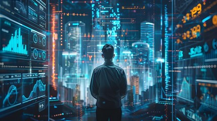 Poster - Futuristic Cityscape with Technological Impact on Market Visualization