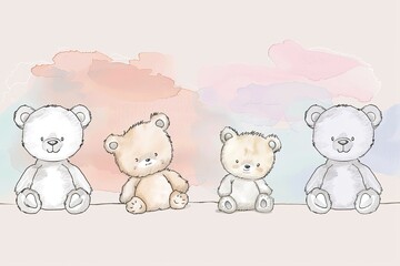 Minimalist line drawings of cute teddy bears, on a soft pastel background