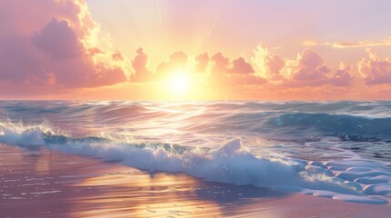 A serene beach background with soft waves gently crashing on the shore and a beautiful sunset in the sky, perfect for relaxation themes