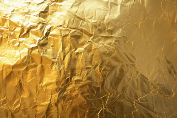 Poster - Close-up view of crumpled gold foil texture, creating a shiny and luxurious background, suitable for various design, art, and decoration projects.
