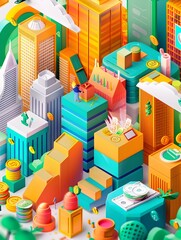 Poster - vibrant 3d isometric cityscape symbolizing a thriving digital finance and investment social media