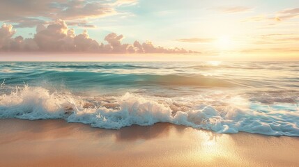 A serene beach background with soft waves gently crashing on the shore and a beautiful sunset in the sky, perfect for relaxation themes