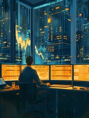 Poster - Market Data Analysis Displayed on Screens in Financial Office Overlooking City Skyline at Night