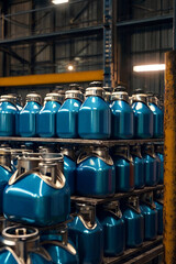 Wall Mural - Close-up of some liquid cans stands on warehouse storage of chemical liquids. Background of storage containers in warehouse. Concept of warehousing and stored of goods. Copy ad text space for poster