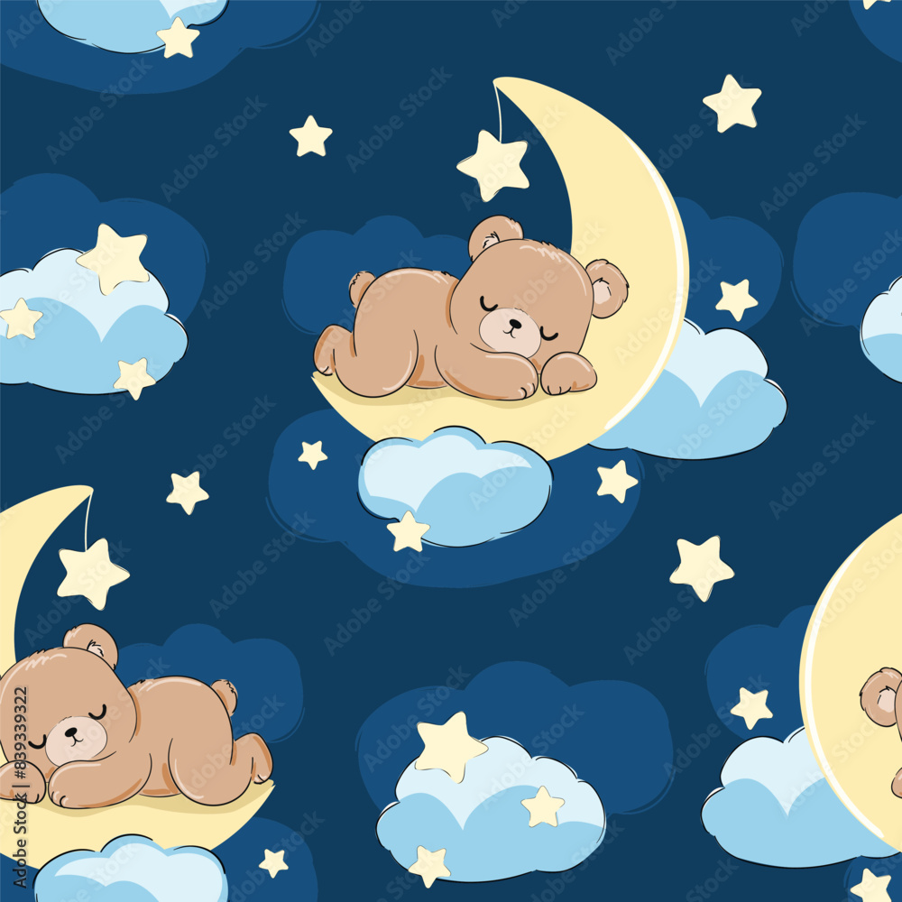 Cute little bear sleeping on the moon seamless pattern, vector ...