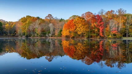 Poster - tranquil lake reflecting vibrant fall colors of surrounding trees landscape photography