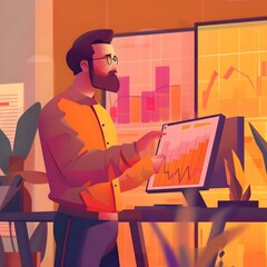Poster - Animated Male Analyst Reviewing Index Data on Computer Monitor in Office