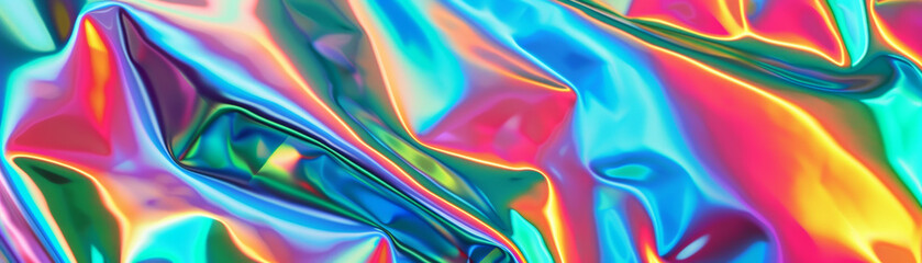 Poster - a vibrant, iridescent abstract background with a fluid, wavy pattern in vivid colors including blue,