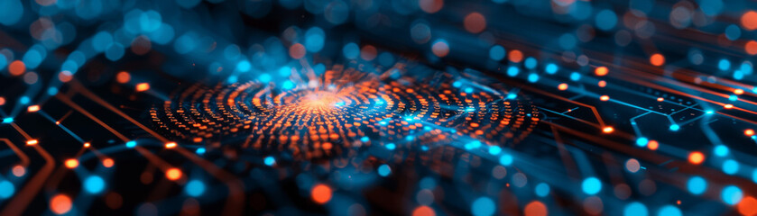 Poster - Futuristic digital fingerprint on a glowing circuit board, representing cybersecurity, technology advancements, and data protection in a high-tech world.