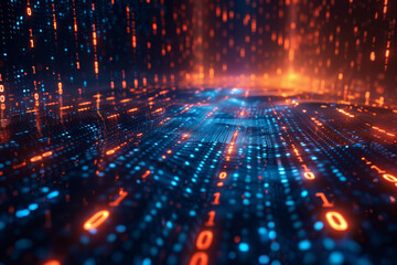 Poster - A vibrant digital grid illuminated with blue and orange lights, representing data flow and futuristic technology in a high-tech environment.