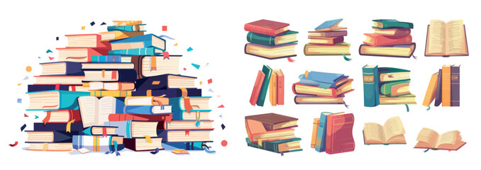Aufkleber - Stacks of books, dictionaries, encyclopedias, planners with bookmarks. Colored modern illustration with white background.