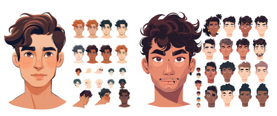 The face of a male character construction kit is a generator that constructs diverse hairstyles, skin, eyes, lips, and brows.