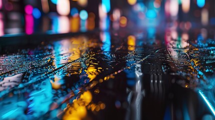 Sticker - Close-up of a wet urban road reflecting neon lights, slick and vibrant, night in the city, no humans 