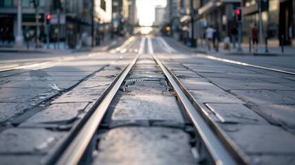 Poster - Electric tram tracks embedded in an urban road, close-up, leading through the downtown area, no people 