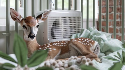 Wall Mural - A baby deer lying in a crib, with an air conditioning unit ensuring a cool and serene atmosphere in a nature-inspired nursery, perfect for a peaceful summer sleep.