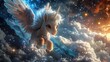 © Aqsa - A baby Pegasus with fluffy wings and innocent eyes, swooping down from a cloud slide into a heavenly pool surrounded by celestial stars.