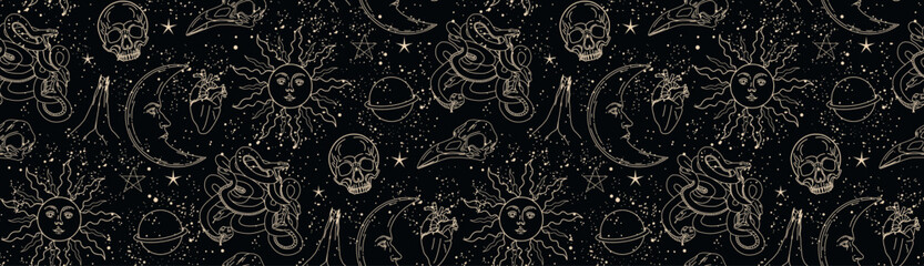 seamless pattern with mystical elements. set of linear vector illustrations. celestial illustrations