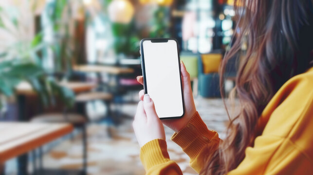 Woman holding smartphone with blank screen in a restaurant