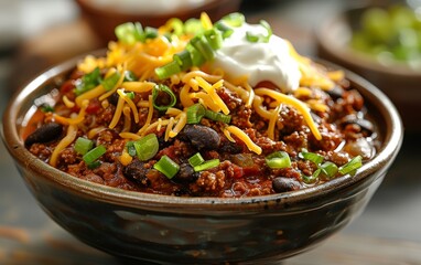 Wall Mural - A bowl of chili topped with cheese, sour cream, and green onions