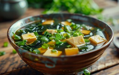 Wall Mural - Bowl of miso soup with tofu, seaweed, and green onions