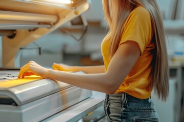 Printing logo, woman in t-shirt using heat press