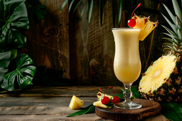 Wall Mural - Pina colada cocktail garnished with cherry, pineapple slice and leaves on wooden table. Copy space