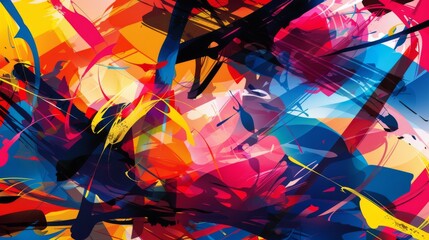 Poster - A vibrant, chaotic abstract background with overlapping shapes and bold colors, expressing creativity and spontaneity