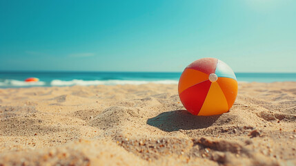 A colorful beach ball resting on golden sand with a clear blue sky and ocean in the background.