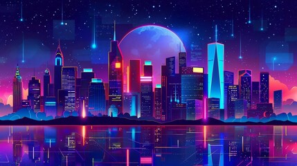 Wall Mural - vibrant cityscape illuminated by neon lights under a starry night sky digital art illustration