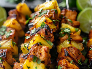 Chicken al pastor with pineapple. Homemade skewers marinated with al pastor sauce, inspired by the famous Mexican tacos.