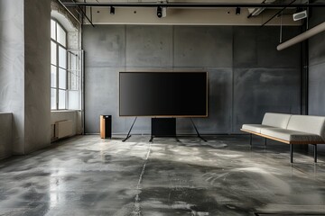 Wall Mural - a modern seminar room, concrete floor, grey walls, only furniture is a large tv on a stand and one cool sofar at the side, eye level shot, 