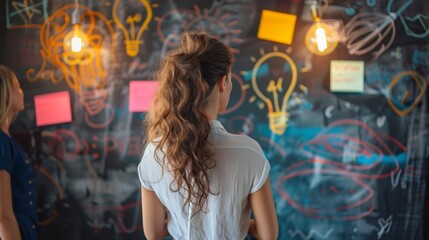 Poster - A woman entrepreneur brainstorming ideas with her team, demonstrating creativity and innovation in business ventures