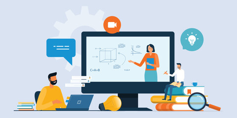 Aufkleber - vector illustration design online education and E-learning at home by webinar training and design for Webinar, online video training, tutorial podcast and business coaching concept.