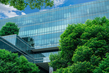 eco-friendly building in the modern city. sustainable glass office building with trees for reducing 