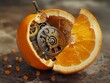 © Jiraphiphat - An orange split open with an intricate clockwork mechanism inside, representing time and nature