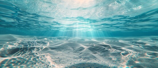 Underwater view of clear blue water with ripples and sand at the bottom, sunlight filtering through the surface.