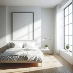 Sticker - A bed in bedroom style interior set design have mockup poster empty white with and a plant unique optimized unique.