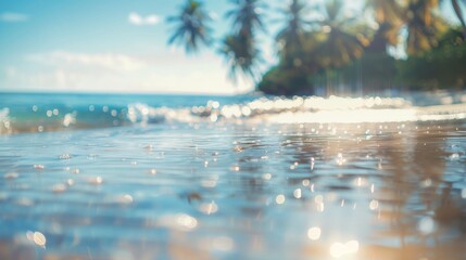 Blurred natural background of a tropical summer beach with reflection on the water