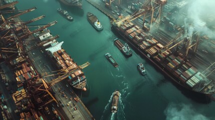 Wall Mural - Aerial view of a busy industrial harbor with ships loading and unloading cargo, facilitating global trade and commerce